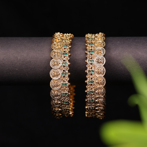 Premium Lakshmi Coin Bangles with Green Stones – Set of 2
