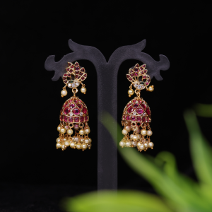 Traditional Peacock Kemp Stone Jhumka with Pearl