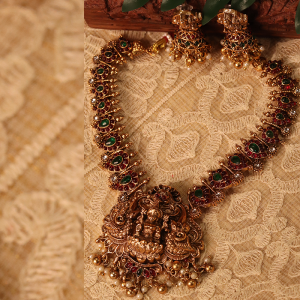 Traditional Lakshmi Mango Kemp Stone Necklace with Jhumkas