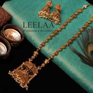 Antique Temple Haaram With  Kemp stones Mandapam Lakshmi Pendant  & Jhumka