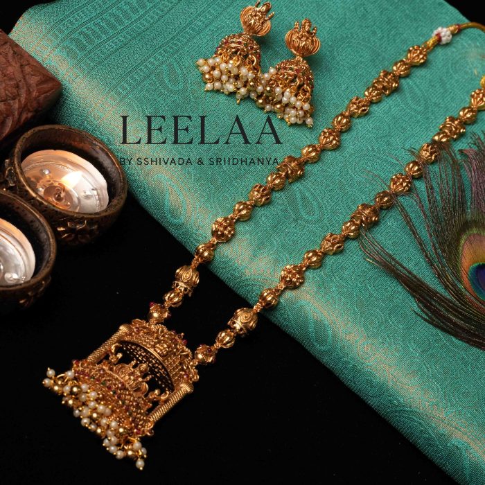 Antique Temple Haaram With Kemp stones Mandapam Lakshmi Pendant & Jhumka Set1
