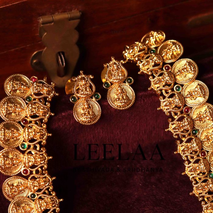 Antique Temple Haram with Lakshmi Peacock Pendant & Jhumka Set
