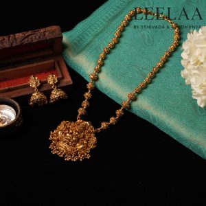 Beaded Antique Temple Haaram with Lakshmi Pendant & Jhumka