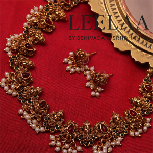 Venkiteshwara Motif Pearl & Kemp Stone Necklace with Earrings