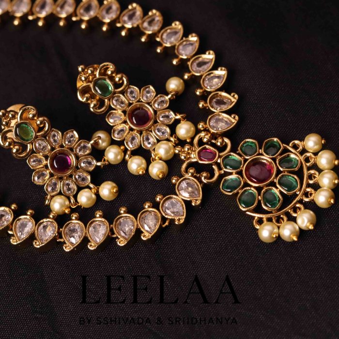 Premium Kemp & White Stone Haaram with Floral Pendant and Earrings1