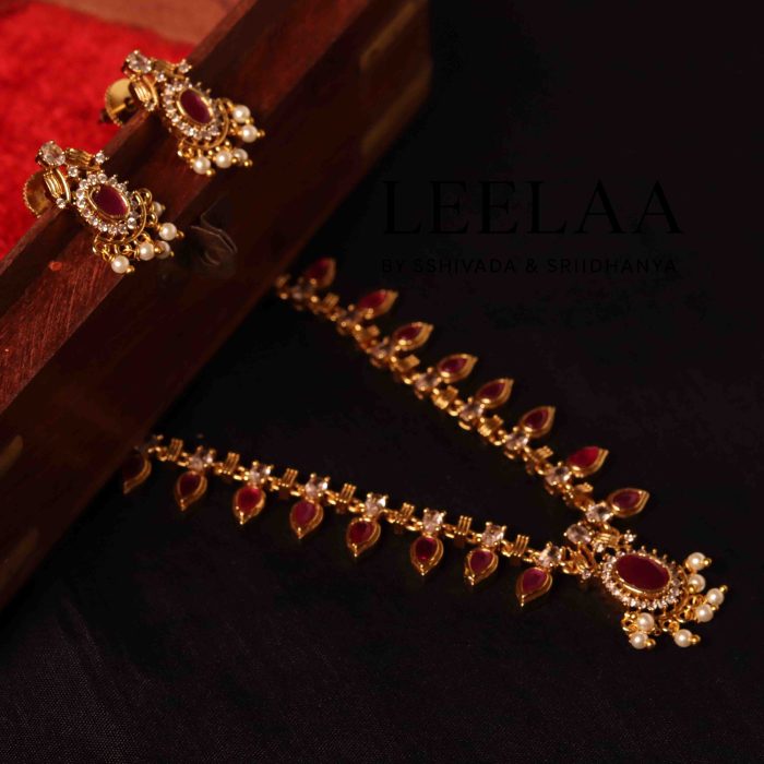 Premium Ruby & White Stone Palakka Haaram with Earrings2