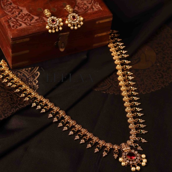 Premium Temple Ganapathi & Lakshmi Motif Haram with Kemp Stones, Pearls & Earrings Set