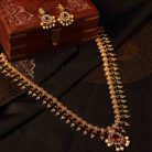 Premium Temple Ganapathi & Lakshmi Motif Haram with Kemp Stones, Pearls & Earrings Set