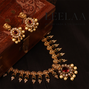 Premium Temple Ganapathi & Lakshmi Motif Haram with Kemp Stones, Pearls & Earrings Set.1