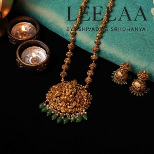 Temple Style Lakshmi Pendant Haram with Aqua Beads and Jhumka