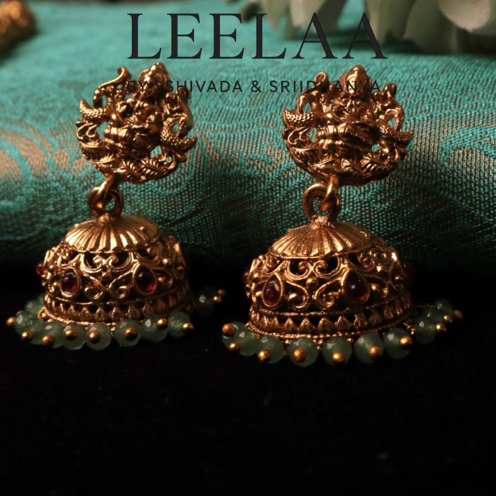 Temple style Lakshmi Pendant Haramwith Aqua Beads and Jhumka3 logo1