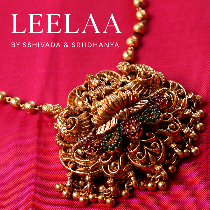 Traditional Beaded Kemp Stone Temple Haaram with Lakshmi Pendant and Jhumka 2 Traditional Beaded Kemp Stone Temple Haaram with Lakshmi Pendant and Jhumka 2