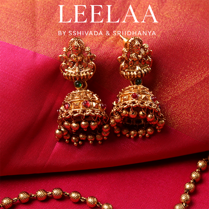 Traditional Beaded Kemp Stone Temple Haaram with Lakshmi Pendant and Jhumka 3 Traditional Beaded Kemp Stone Temple Haaram with Lakshmi Pendant and Jhumka 3