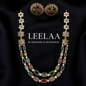 Multicoloured Double Layered Navrang Floral Necklace with Studs 4