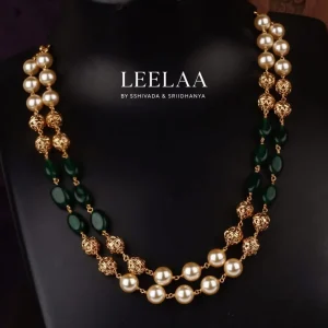 Double Layered Necklace with  Pearls, Green & Golden Beads (Without Earrings)