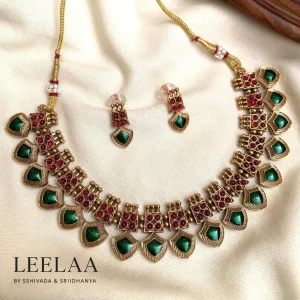 Antique Gold Green Palakka Necklace with Ruby Stones with Studs