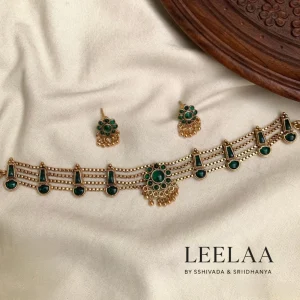 Antique Gold Green Stone Choker Necklace with Stud Earrings