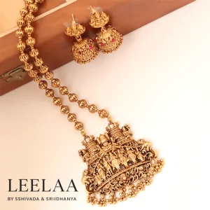 Traditional Divine Devagana Haaram with Jhumka Earrings – Antique Gold Plated Bridal Jewellery