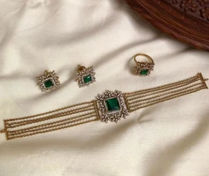 Green and White Ad  Stone Choker with Earrings & Ring