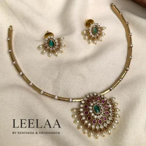 Pearl and Kemp Stone Hasli Style Necklace with Earrings