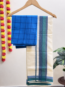 Blue Stripes Set Mundu with Checked Blouse (1.25m)
