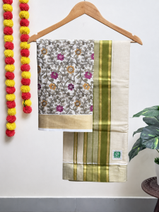 Avocado Green Kara Set Mundu with Printed Blouse (1.25m)