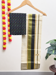 Green and Black Kara Set Mundu With Blouse (1.25m)