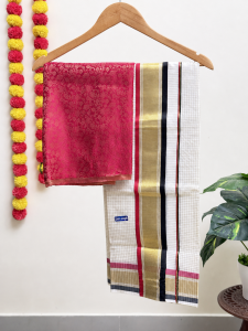 Burnt Red and Black Stripes Set Mundu with Blouse (1.25m)
