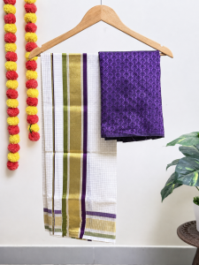 Violet and Green Border Checked Mundu With Blouse (1.25m)
