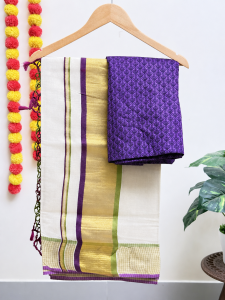 Violet and Green Stripes Checked Set Saree with Blouse (1.25m)