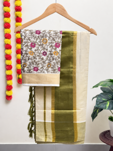 Avocado Green Set Saree with Printed Blouse (1.25m)
