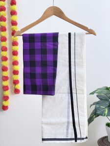 Black Puliyilakara Set Mundu with Purple Checked Blouse (1.25m)