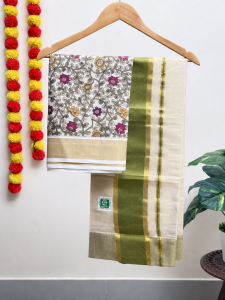 Avocado Green Kara Set Mundu with Printed Blouse (1.25m)